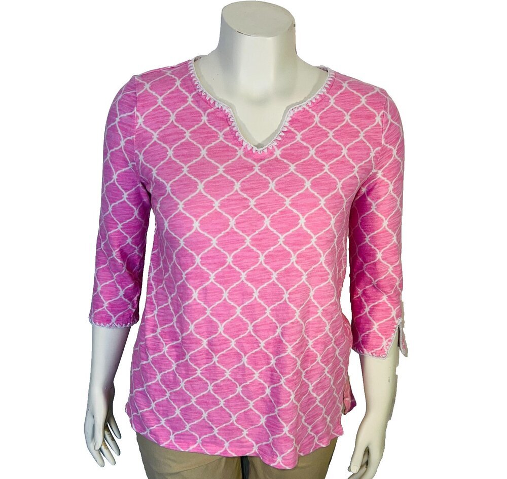 Talbots Knit Top Blouse Womens M Pink White Trellis Print 3/4 Sleeve Notch Neck